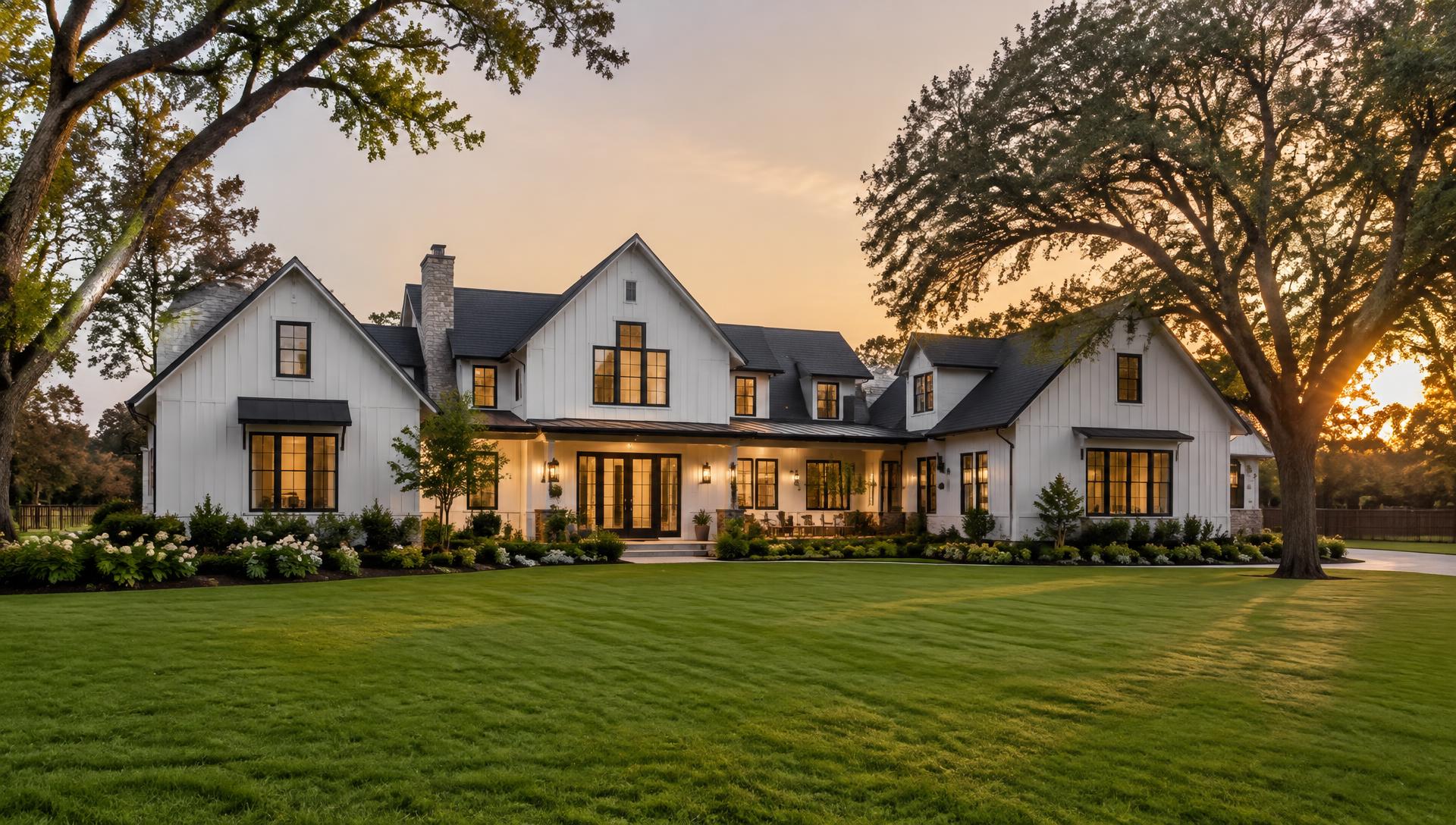 Modern farmhouse at sunset